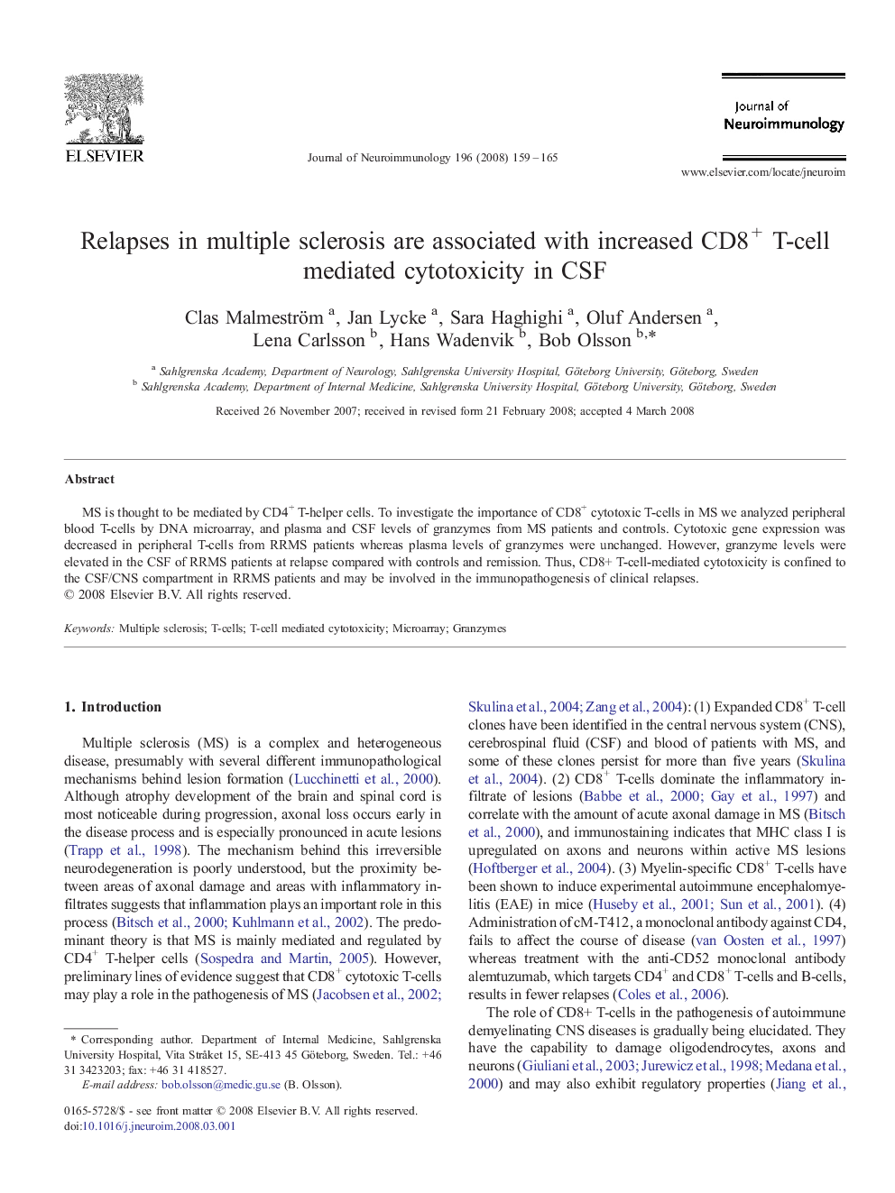 Relapses in multiple sclerosis are associated with increased CD8+ T-cell mediated cytotoxicity in CSF