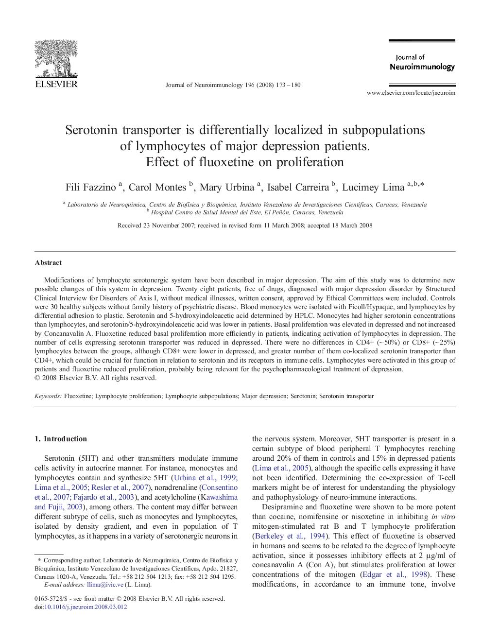 Serotonin transporter is differentially localized in subpopulations of lymphocytes of major depression patients. Effect of fluoxetine on proliferation