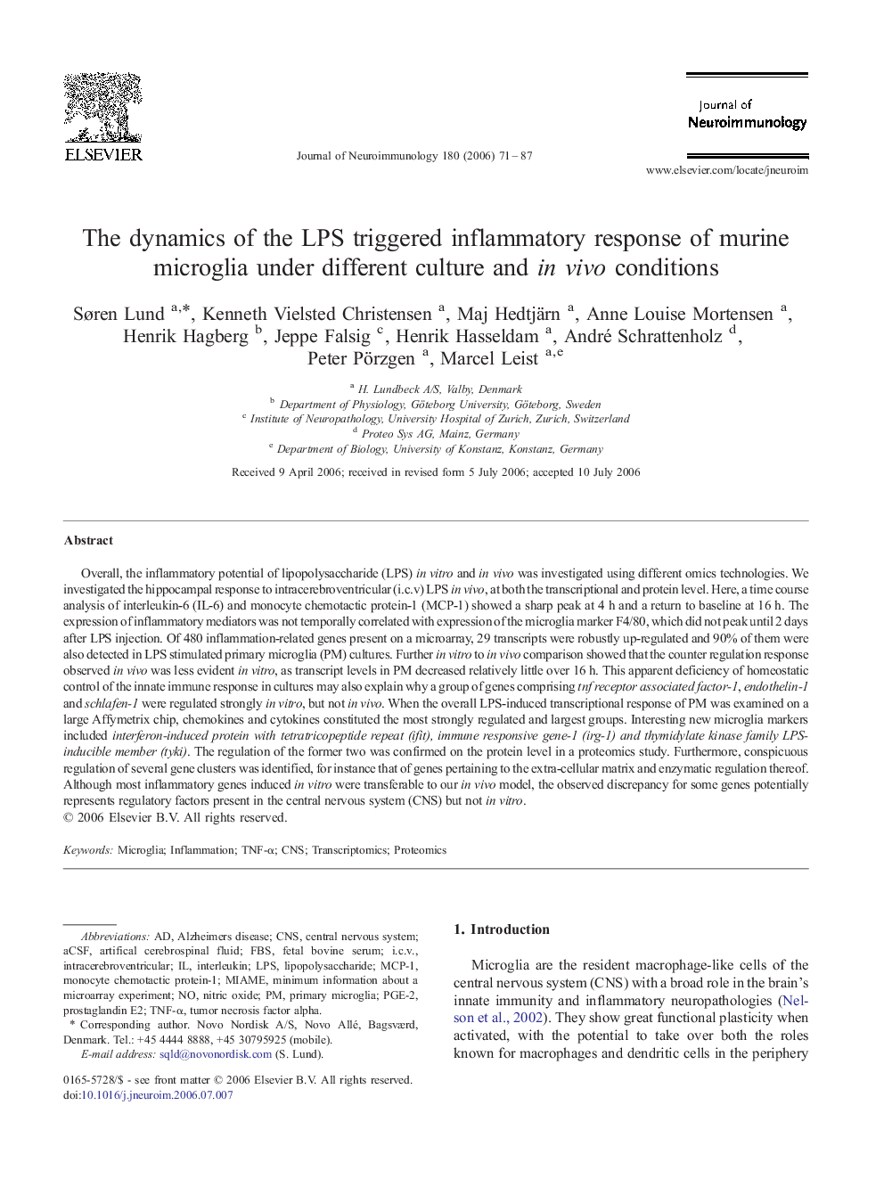 The dynamics of the LPS triggered inflammatory response of murine microglia under different culture and in vivo conditions