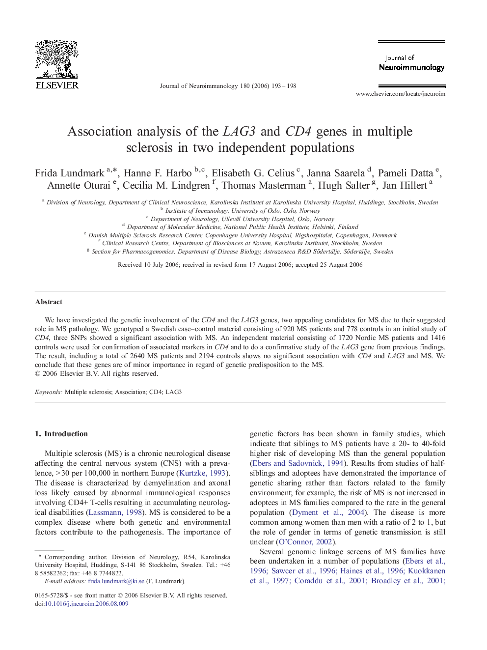 Association analysis of the LAG3 and CD4 genes in multiple sclerosis in two independent populations