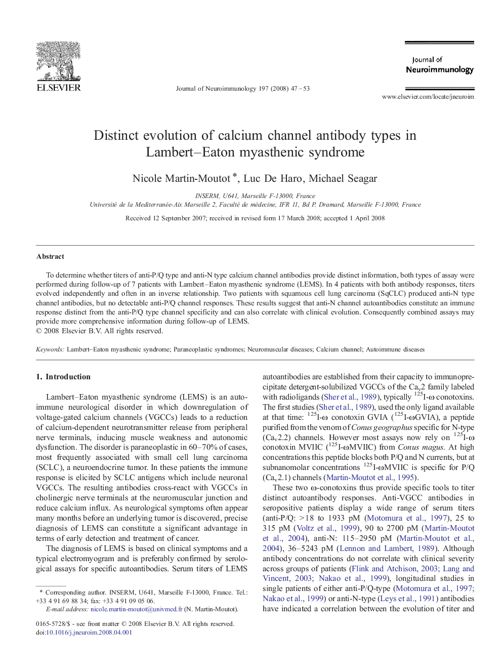 Distinct evolution of calcium channel antibody types in Lambert-Eaton myasthenic syndrome