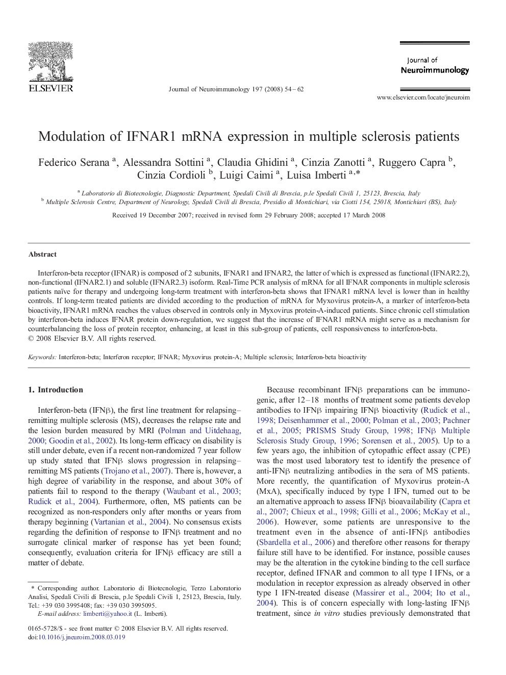 Modulation of IFNAR1 mRNA expression in multiple sclerosis patients