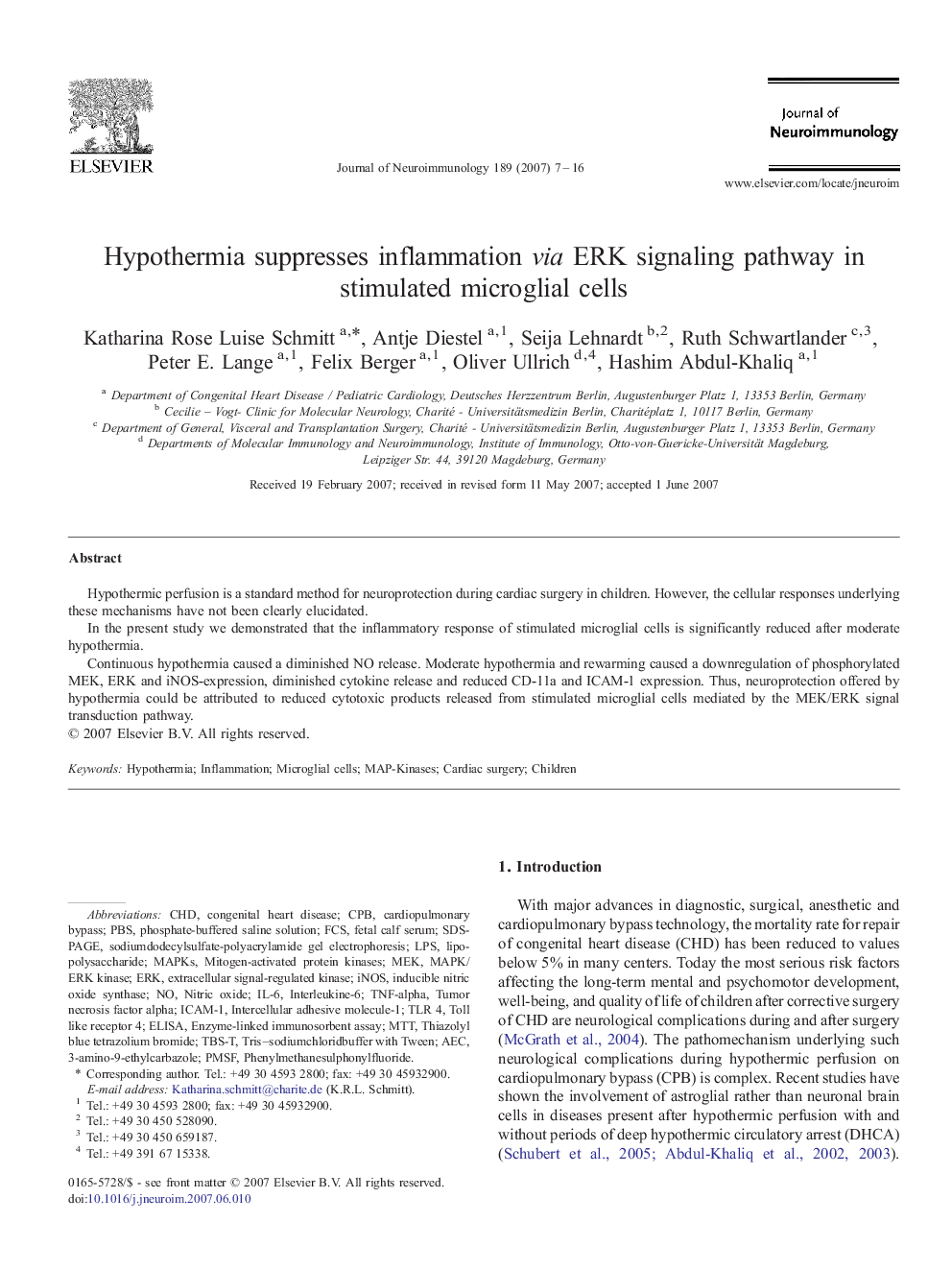 Hypothermia suppresses inflammation via ERK signaling pathway in stimulated microglial cells