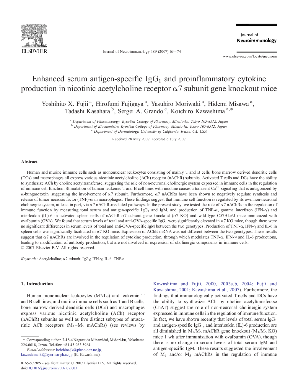 Enhanced serum antigen-specific IgG1 and proinflammatory cytokine production in nicotinic acetylcholine receptor α7 subunit gene knockout mice