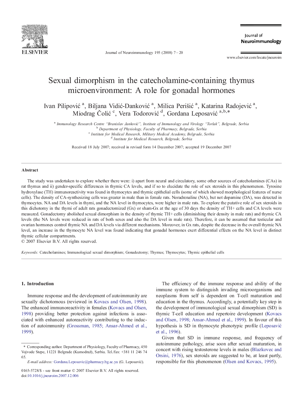 Sexual dimorphism in the catecholamine-containing thymus microenvironment: A role for gonadal hormones