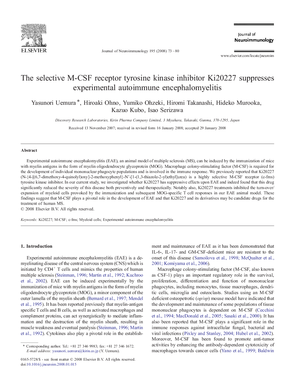 The selective M-CSF receptor tyrosine kinase inhibitor Ki20227 suppresses experimental autoimmune encephalomyelitis