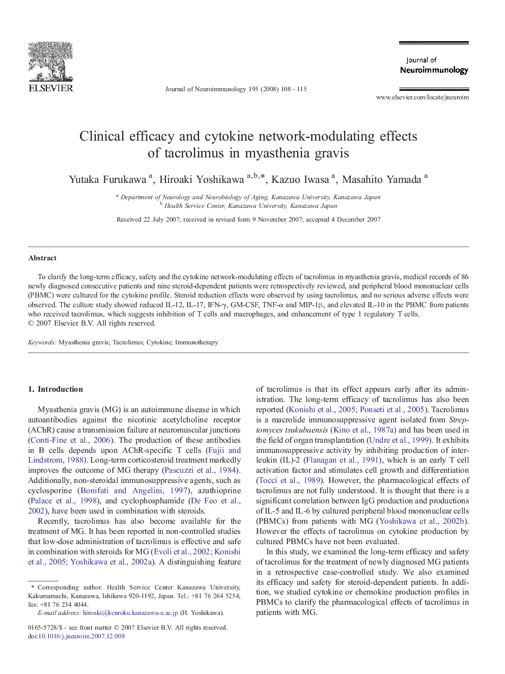 Clinical efficacy and cytokine network-modulating effects of tacrolimus in myasthenia gravis