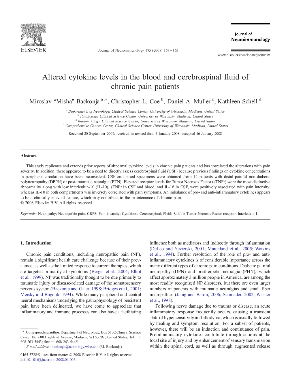 Altered cytokine levels in the blood and cerebrospinal fluid of chronic pain patients