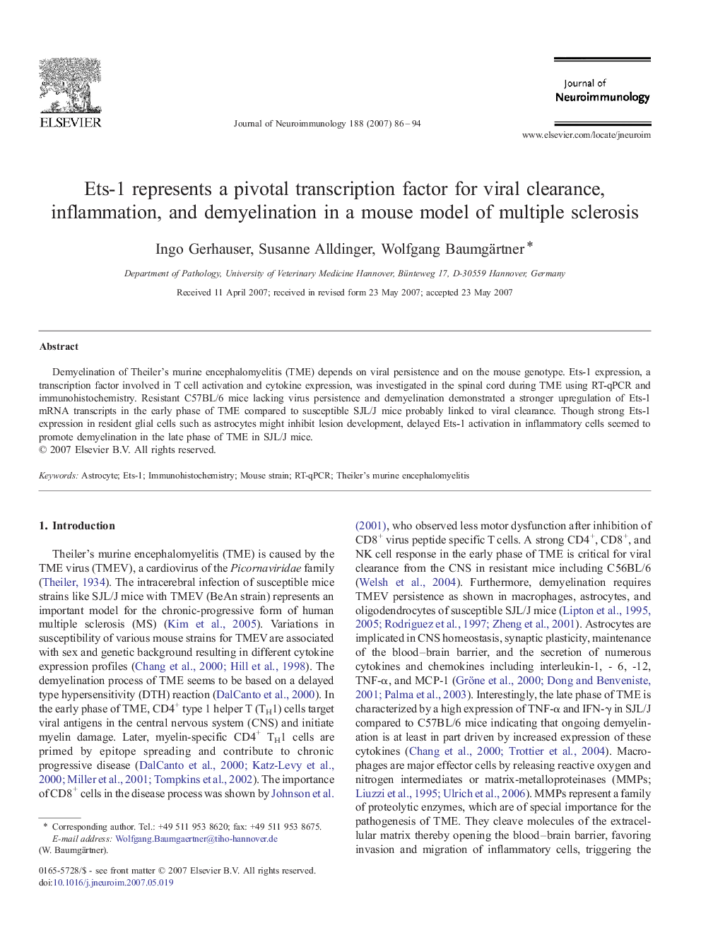 عکس صفحه اول مقاله: Ets-1 represents a pivotal transcription factor for viral clearance, inflammation, and demyelination in a mouse model of multiple sclerosis Ets-1 represents a pivotal transcription factor for viral clearance, inflammation, and demyelination in a mouse model of multiple sclerosis