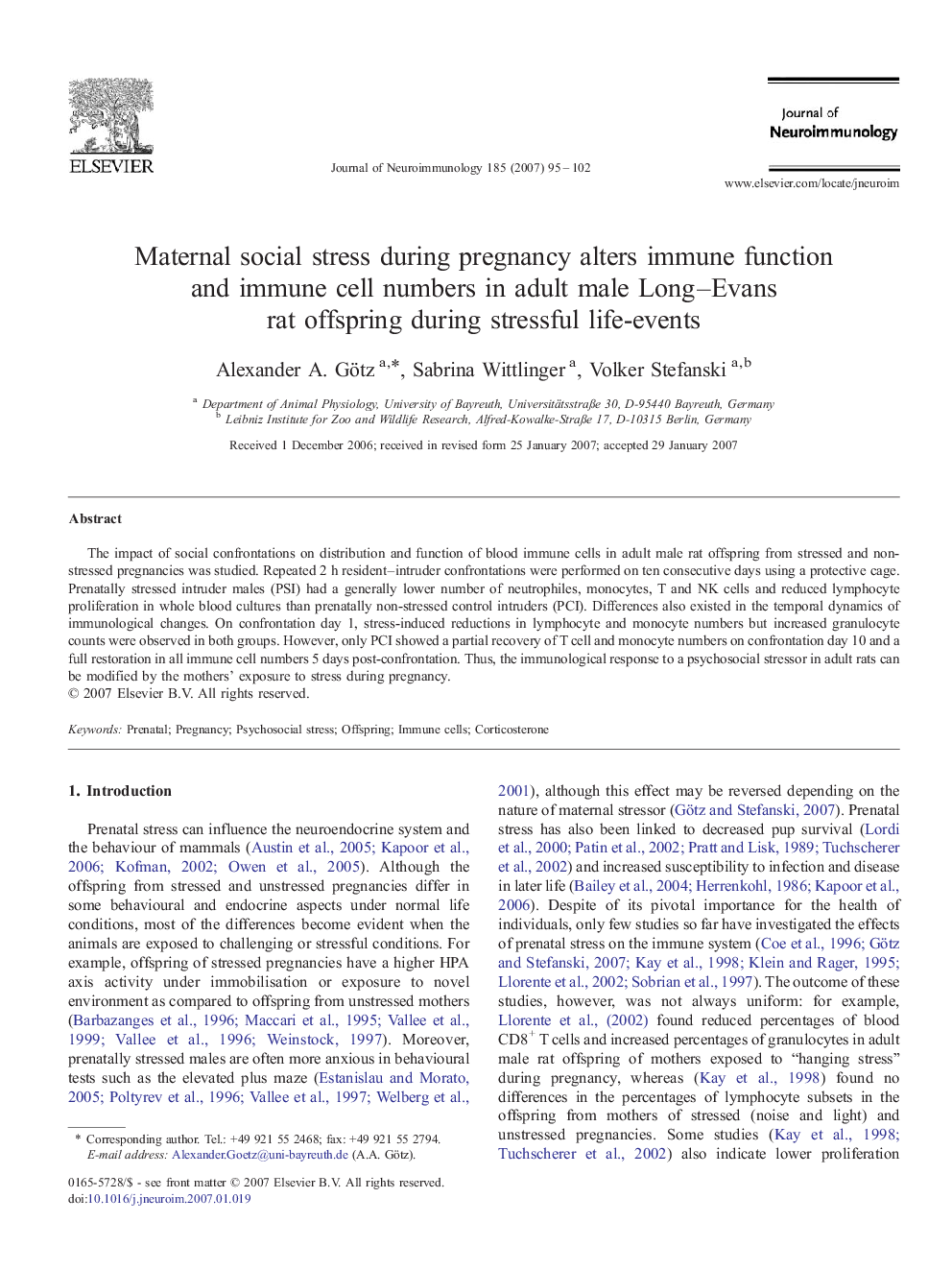 عکس صفحه اول مقاله: Maternal social stress during pregnancy alters immune function and immune cell numbers in adult male Long–Evans rat offspring during stressful life-events Maternal social stress during pregnancy alters immune function and immune cell numbers in adult male Long–Evans rat offspring during stressful life-events
