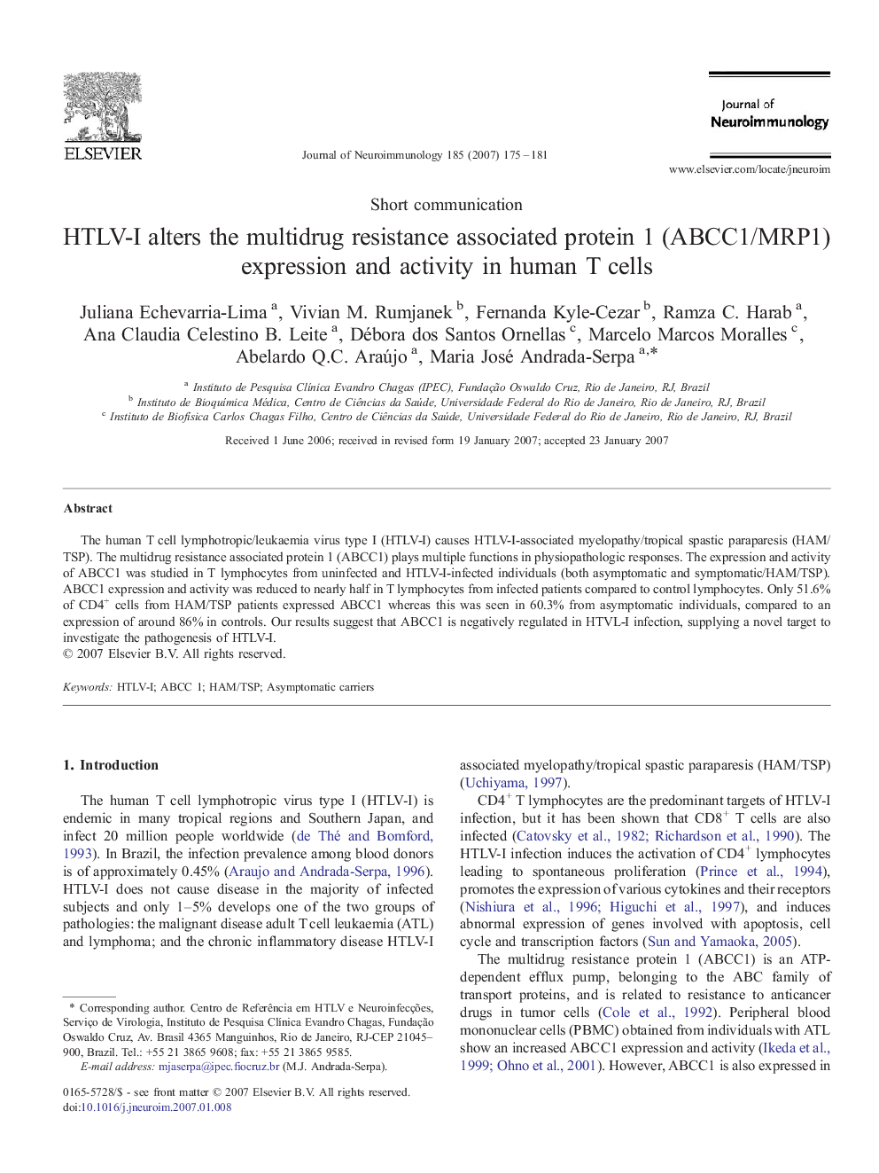 HTLV-I alters the multidrug resistance associated protein 1 (ABCC1/MRP1) expression and activity in human T cells