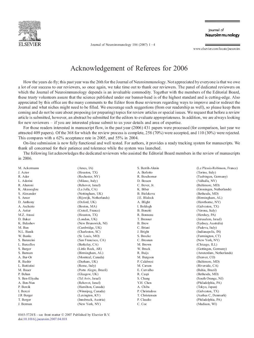 عکس صفحه اول مقاله: Acknowledgement of Referees for 2006 Acknowledgement of Referees for 2006