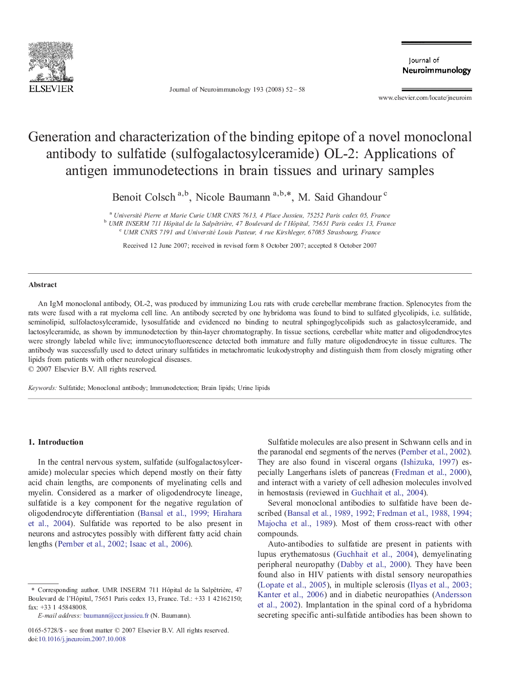 Generation and characterization of the binding epitope of a novel monoclonal antibody to sulfatide (sulfogalactosylceramide) OL-2: Applications of antigen immunodetections in brain tissues and urinary samples