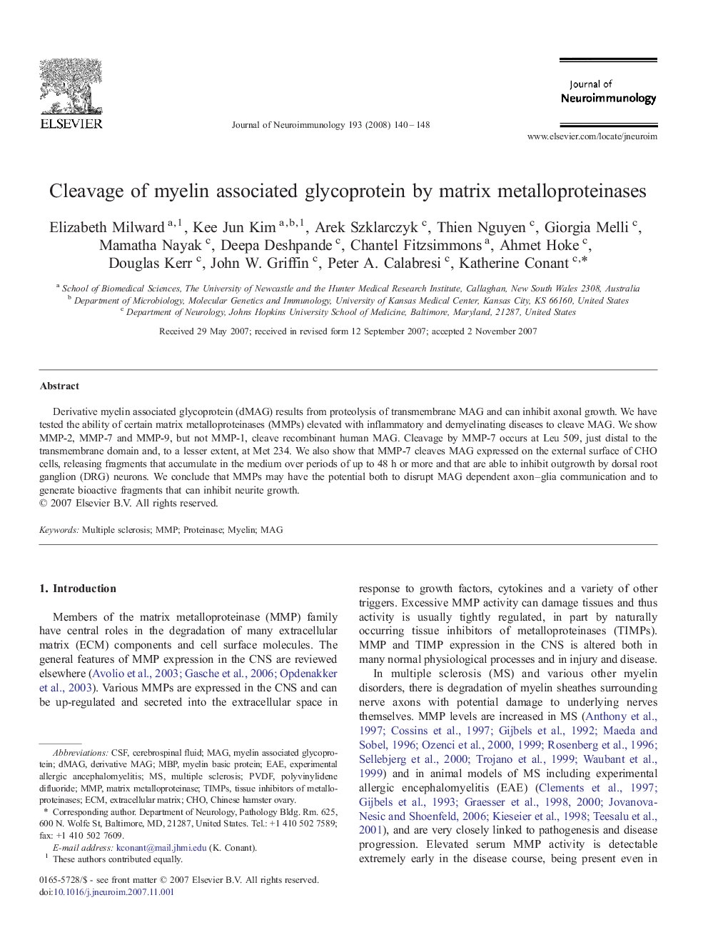 Cleavage of myelin associated glycoprotein by matrix metalloproteinases