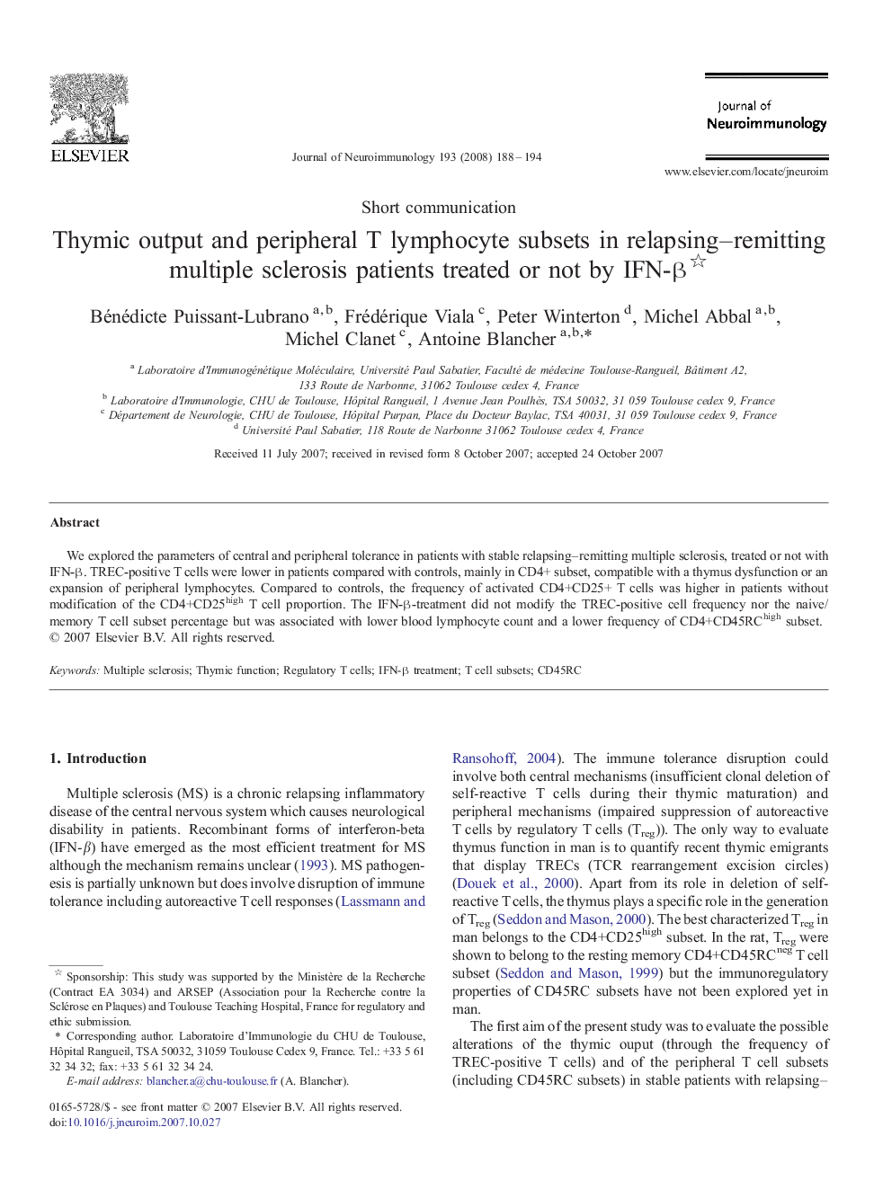 Thymic output and peripheral T lymphocyte subsets in relapsing–remitting multiple sclerosis patients treated or not by IFN-β 