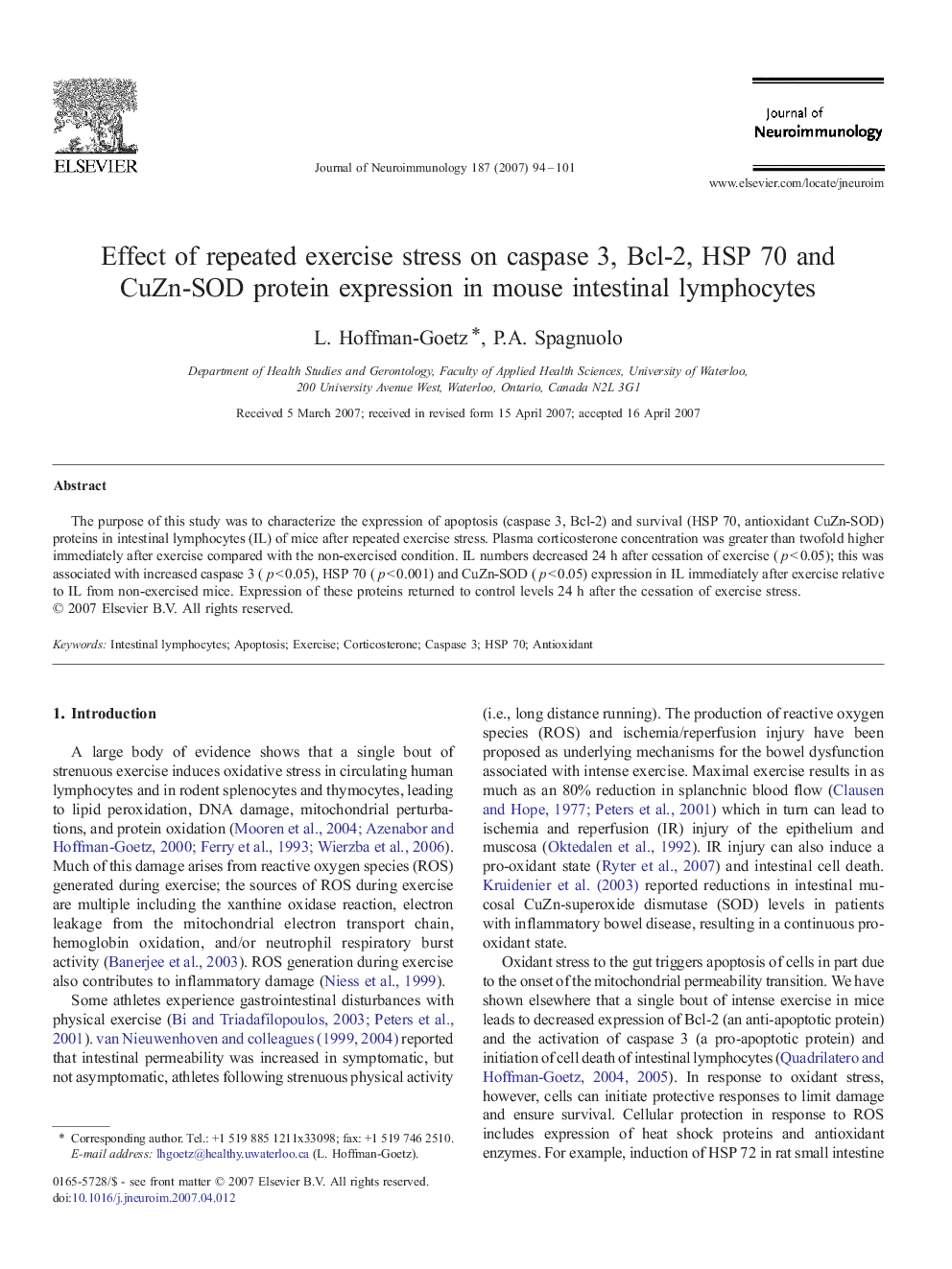 Effect of repeated exercise stress on caspase 3, Bcl-2, HSP 70 and CuZn-SOD protein expression in mouse intestinal lymphocytes