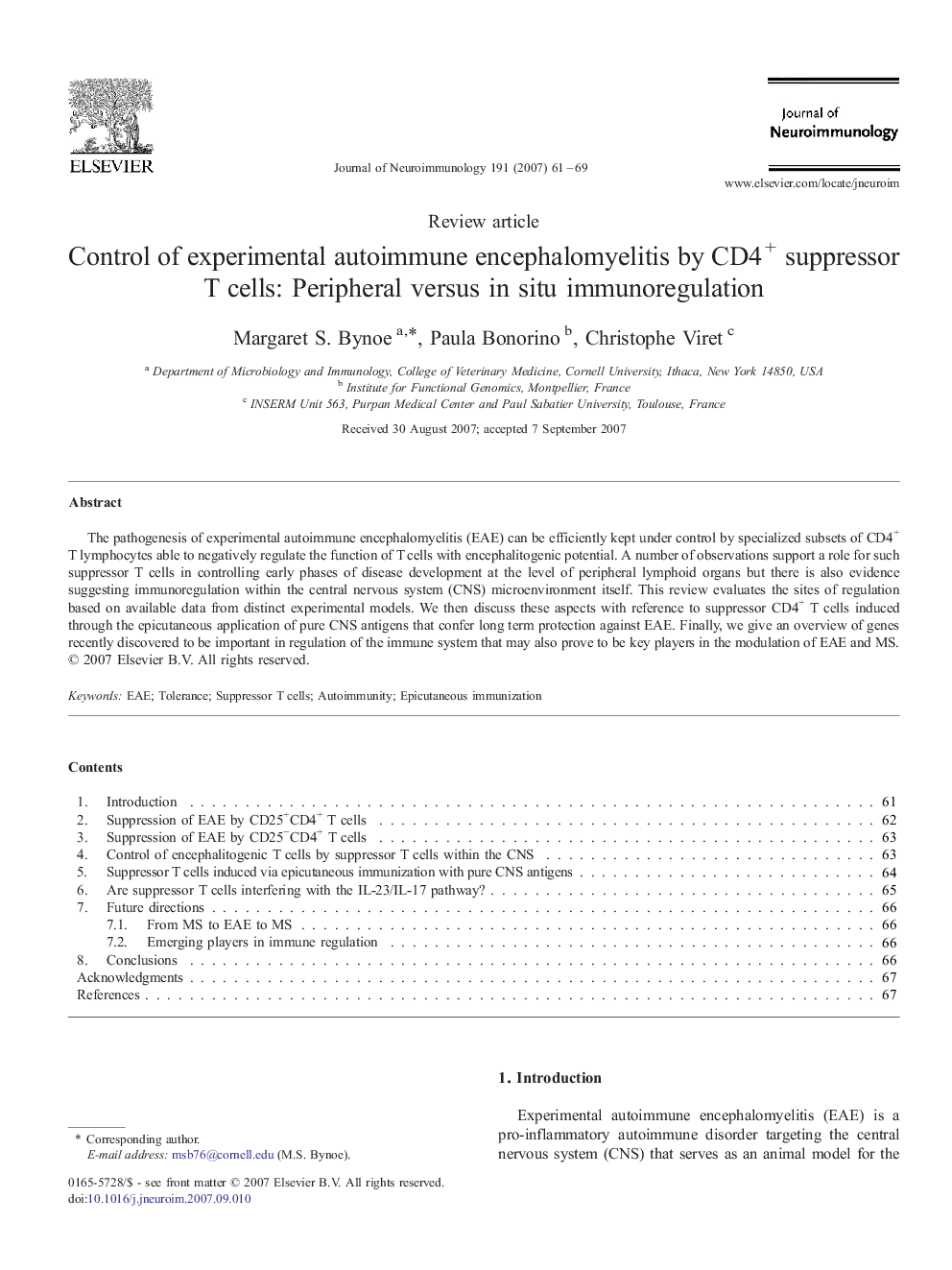 Control of experimental autoimmune encephalomyelitis by CD4+ suppressor T cells: Peripheral versus in situ immunoregulation