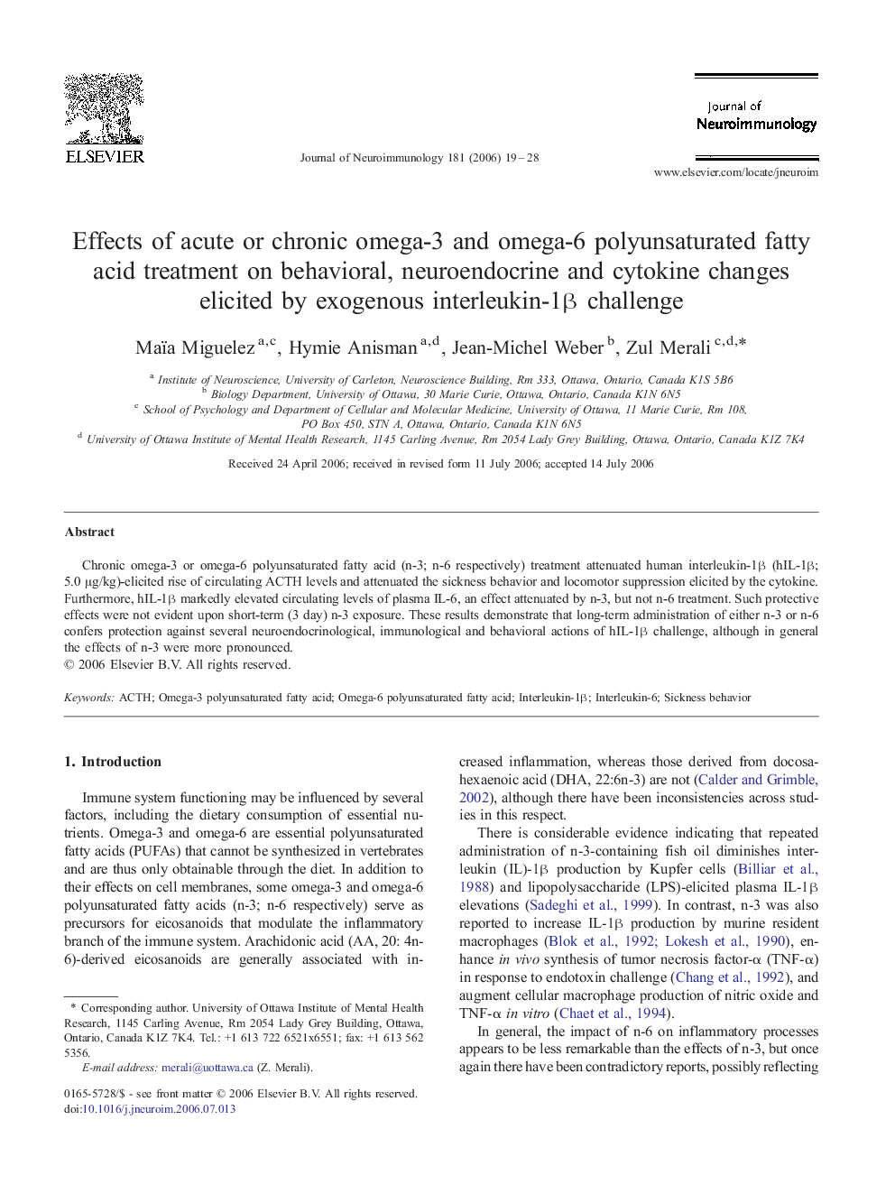 Effects of acute or chronic omega-3 and omega-6 polyunsaturated fatty acid treatment on behavioral, neuroendocrine and cytokine changes elicited by exogenous interleukin-1β challenge