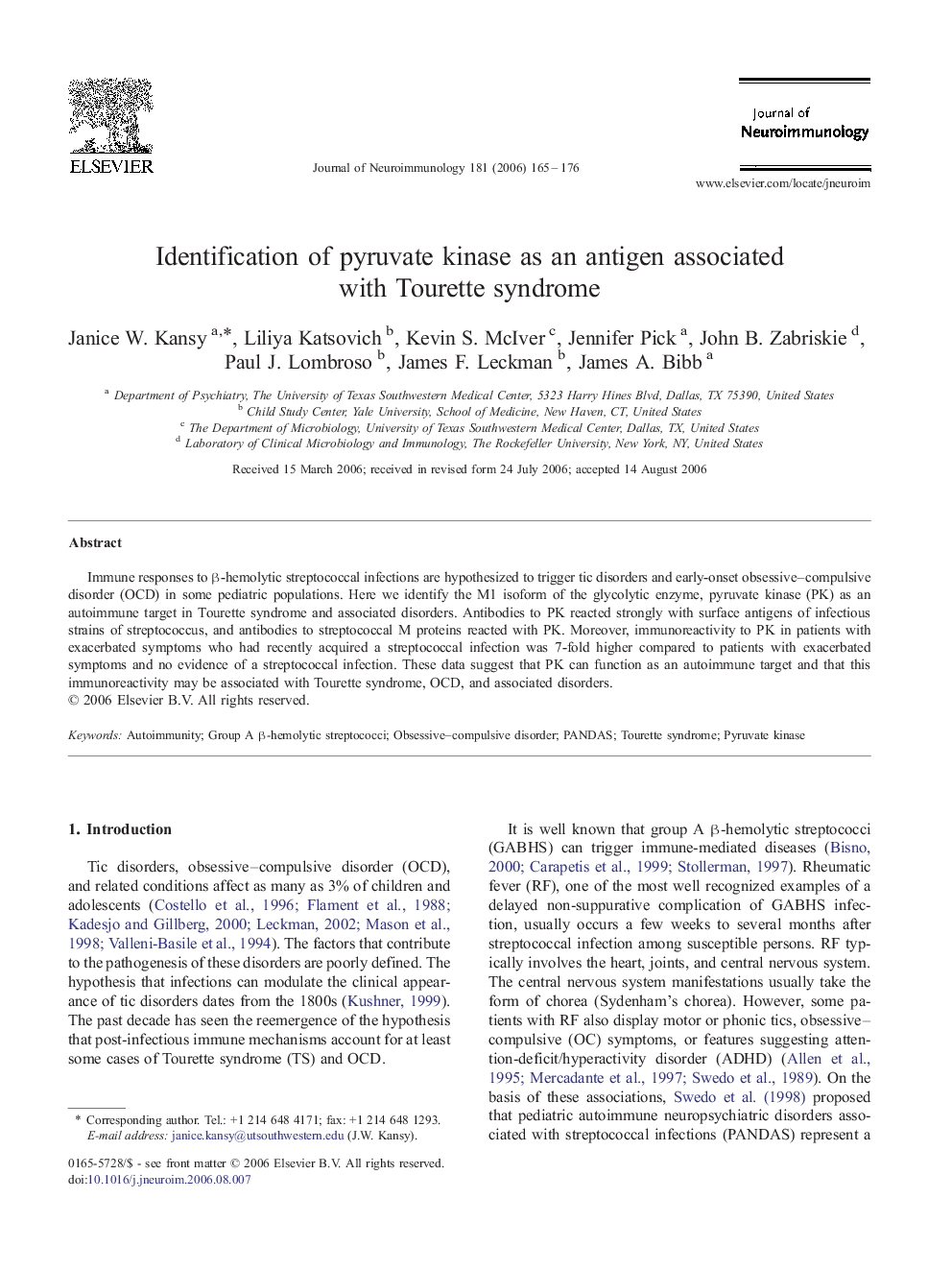 Identification of pyruvate kinase as an antigen associated with Tourette syndrome