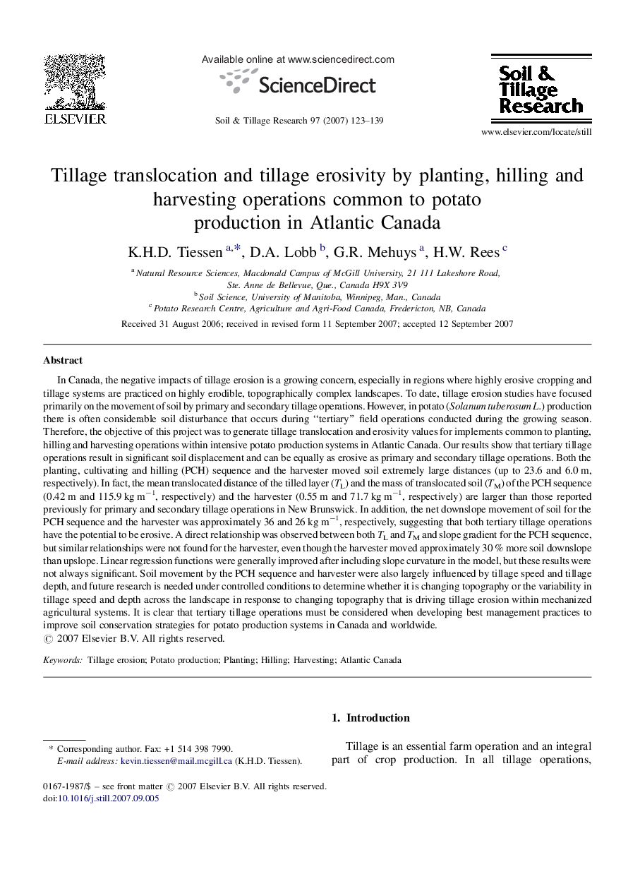 Tillage translocation and tillage erosivity by planting, hilling and harvesting operations common to potato production in Atlantic Canada