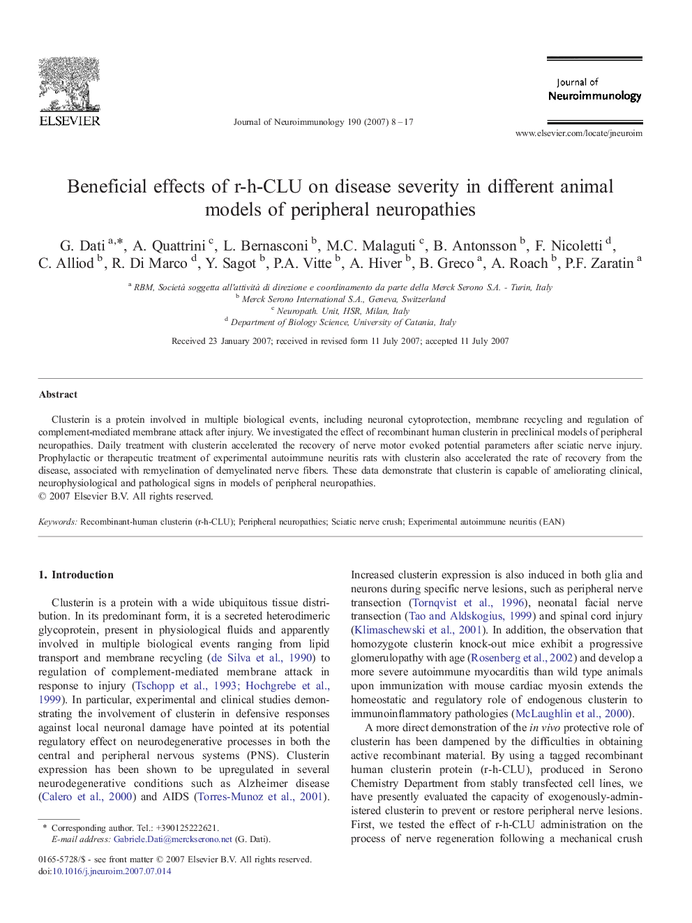 Beneficial effects of r-h-CLU on disease severity in different animal models of peripheral neuropathies