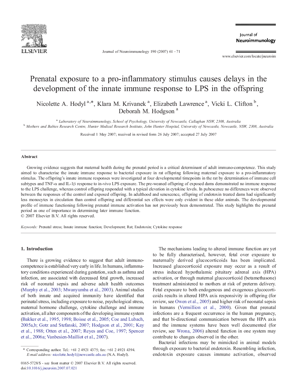 Prenatal exposure to a pro-inflammatory stimulus causes delays in the development of the innate immune response to LPS in the offspring