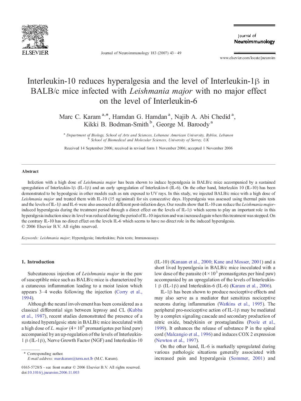 Interleukin-10 reduces hyperalgesia and the level of Interleukin-1β in BALB/c mice infected with Leishmania major with no major effect on the level of Interleukin-6