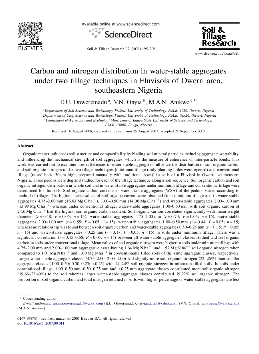 Carbon and nitrogen distribution in water-stable aggregates under two tillage techniques in Fluvisols of Owerri area, southeastern Nigeria