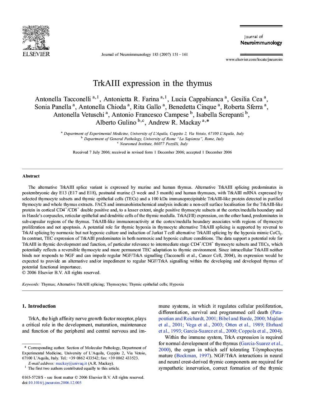 TrkAIII expression in the thymus