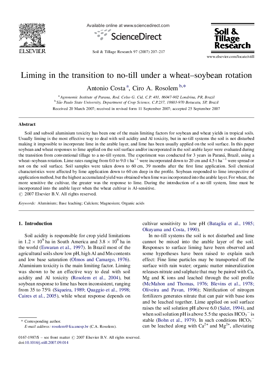 Liming in the transition to no-till under a wheat–soybean rotation