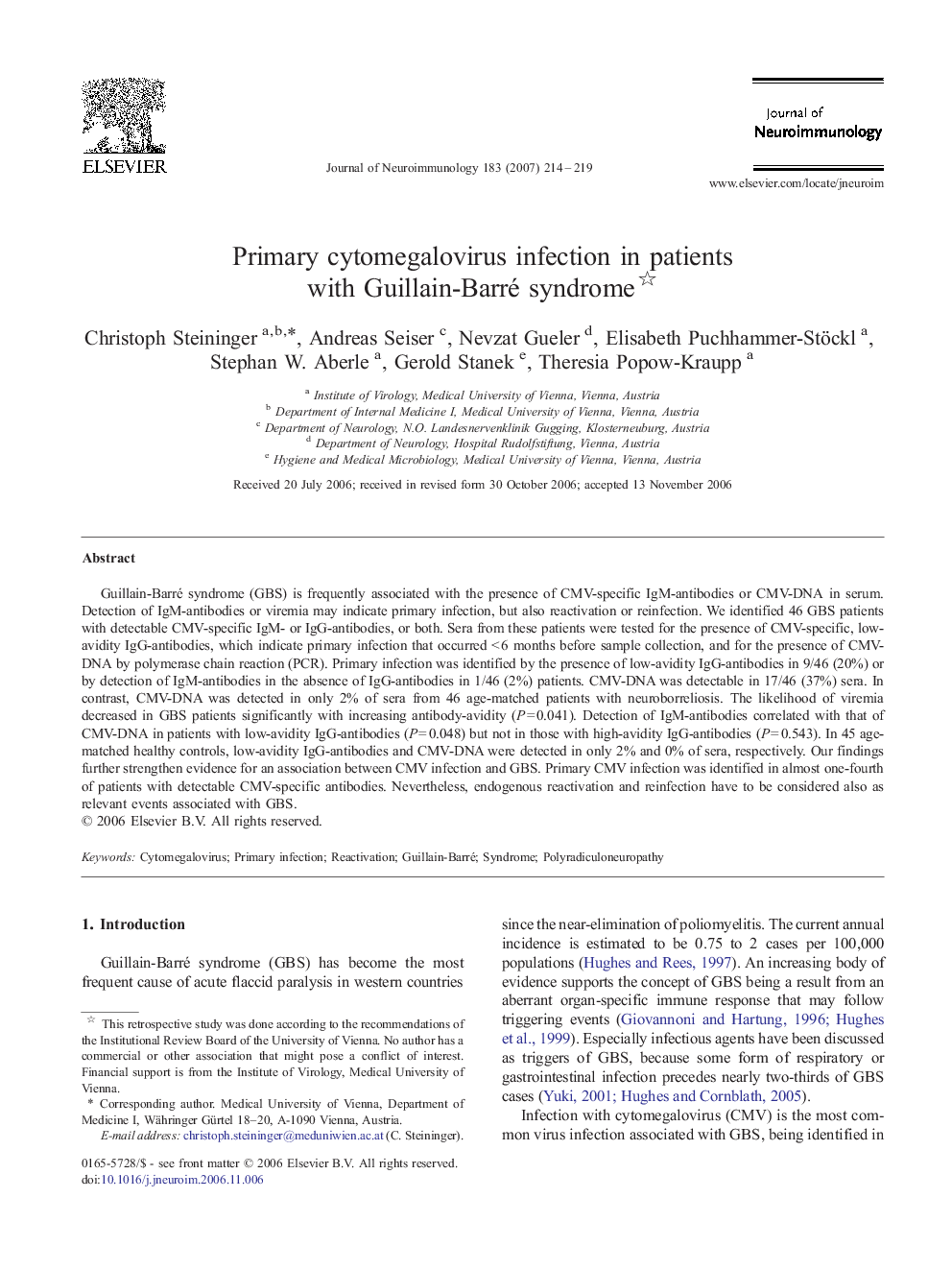 Primary cytomegalovirus infection in patients with Guillain-Barré syndrome 