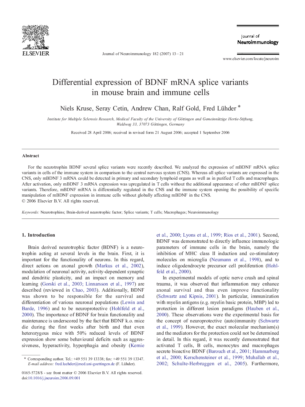 Differential expression of BDNF mRNA splice variants in mouse brain and immune cells