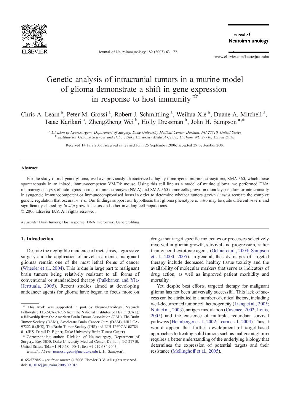 Genetic analysis of intracranial tumors in a murine model of glioma demonstrate a shift in gene expression in response to host immunity 