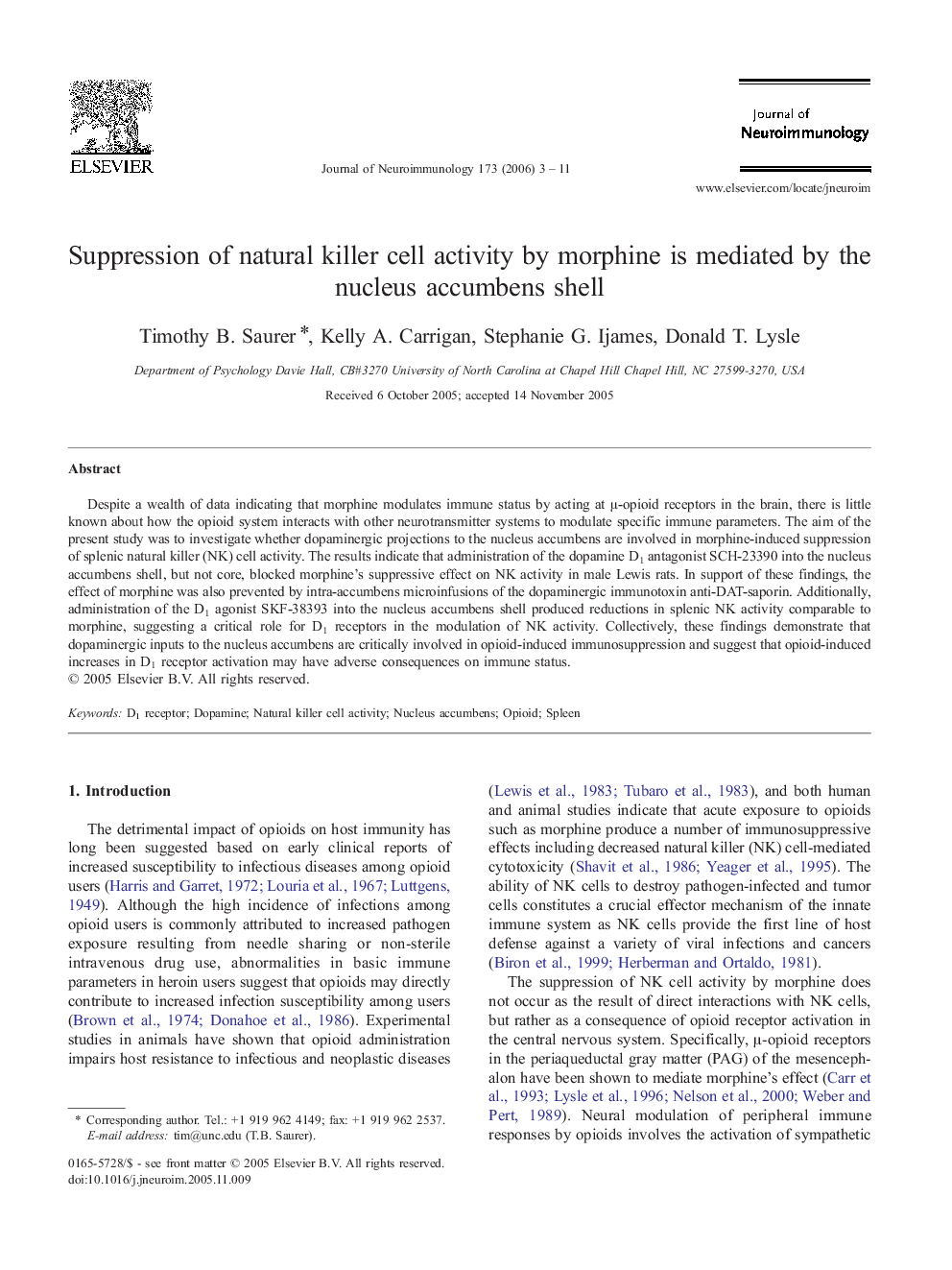 Suppression of natural killer cell activity by morphine is mediated by the nucleus accumbens shell