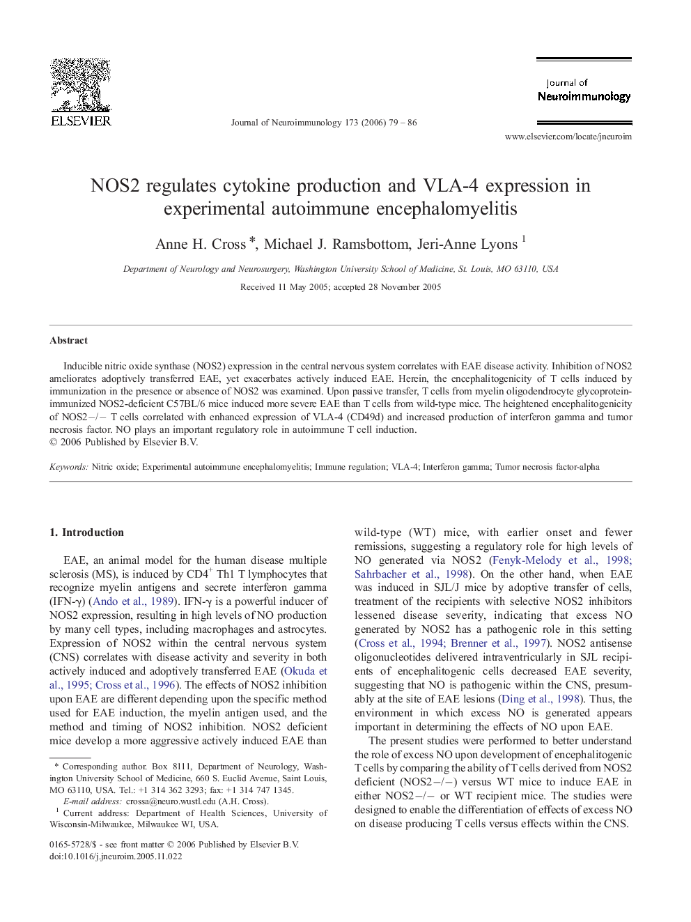 NOS2 regulates cytokine production and VLA-4 expression in experimental autoimmune encephalomyelitis