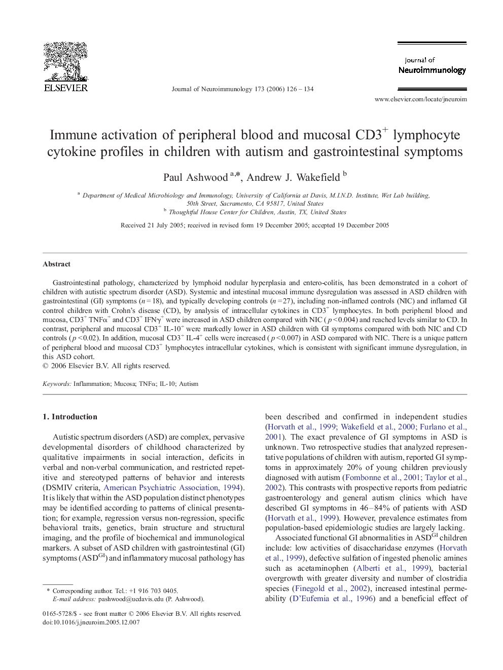 Immune activation of peripheral blood and mucosal CD3+ lymphocyte cytokine profiles in children with autism and gastrointestinal symptoms