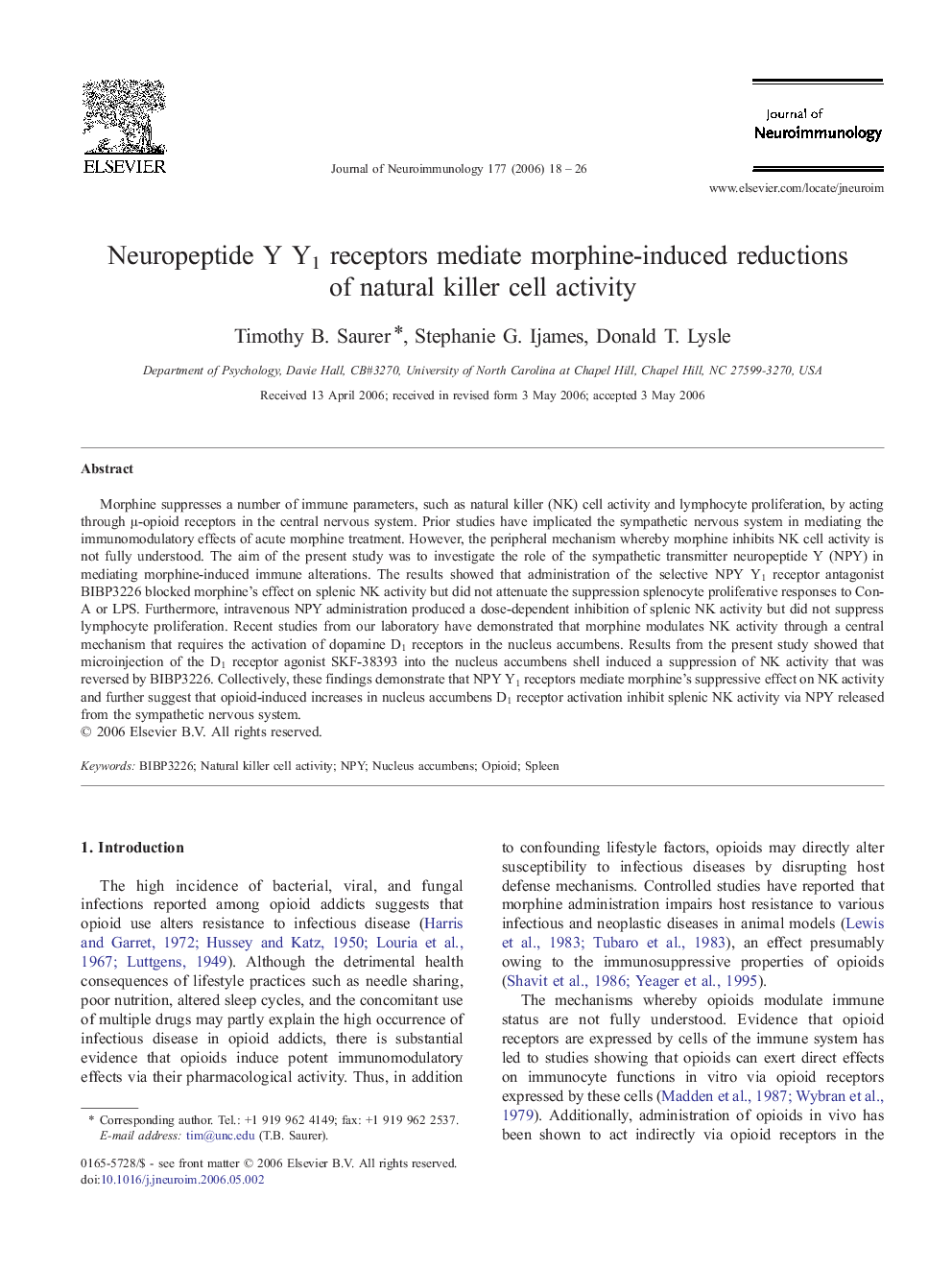 Neuropeptide Y Y1 receptors mediate morphine-induced reductions of natural killer cell activity