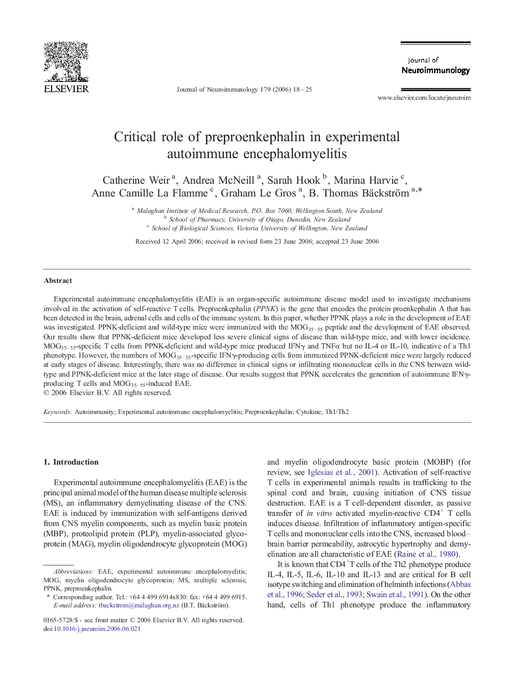 Critical role of preproenkephalin in experimental autoimmune encephalomyelitis