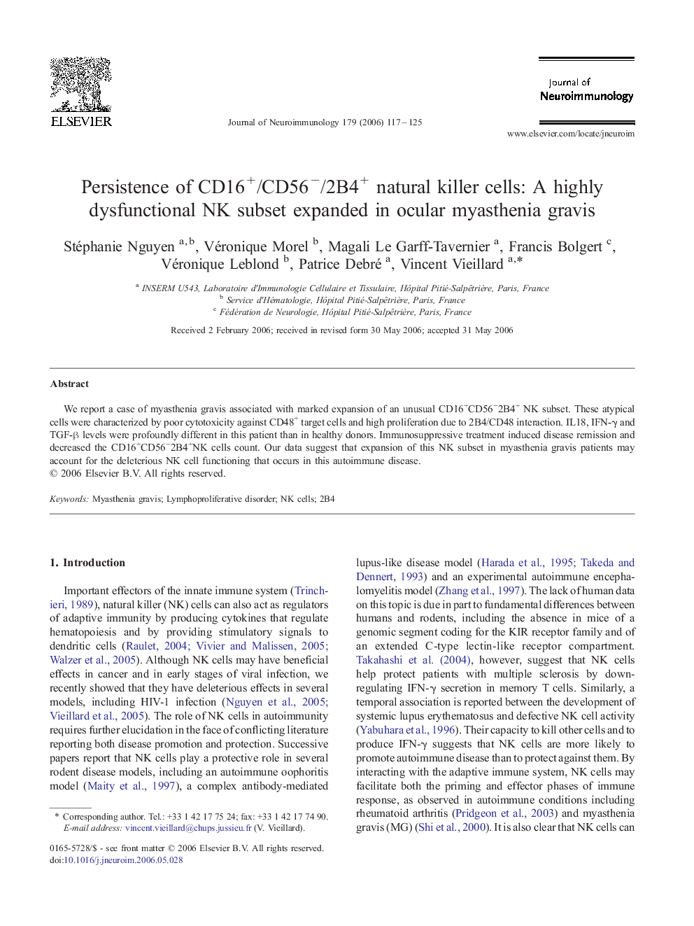 Persistence of CD16+/CD56−/2B4+ natural killer cells: A highly dysfunctional NK subset expanded in ocular myasthenia gravis