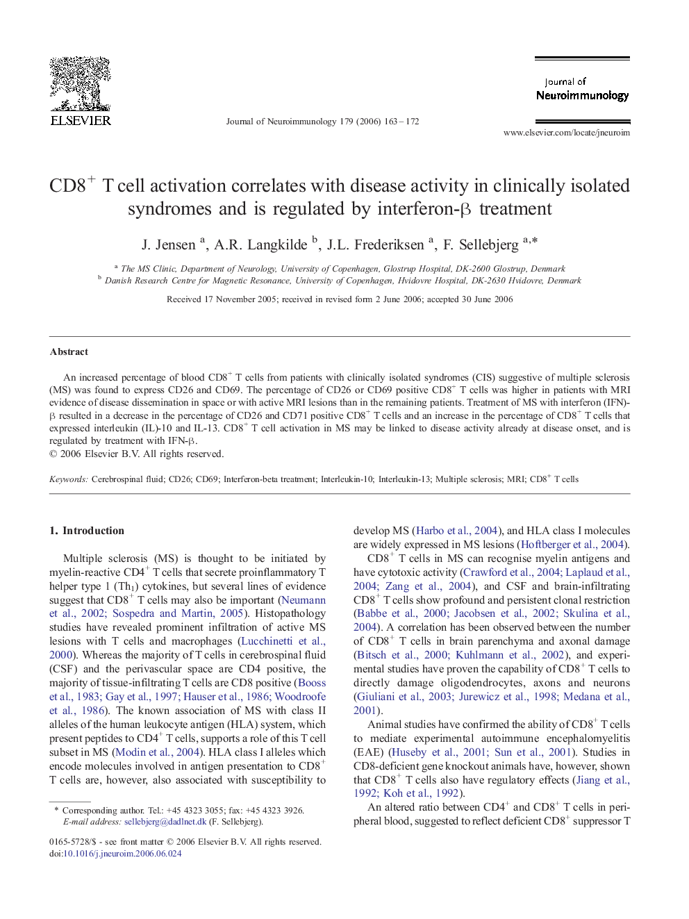 CD8+ T cell activation correlates with disease activity in clinically isolated syndromes and is regulated by interferon-β treatment