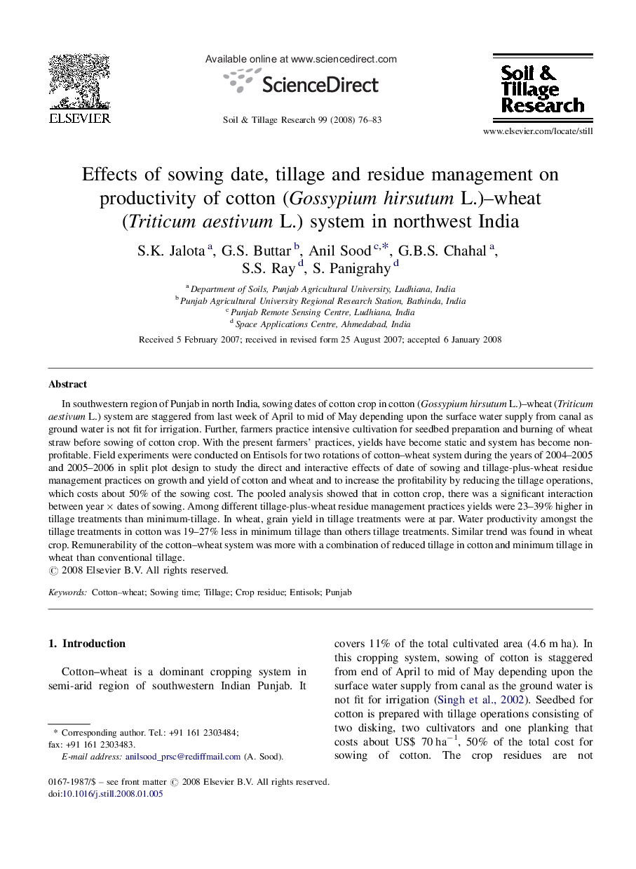 Effects of sowing date, tillage and residue management on productivity of cotton (Gossypium hirsutum L.)–wheat (Triticum aestivum L.) system in northwest India