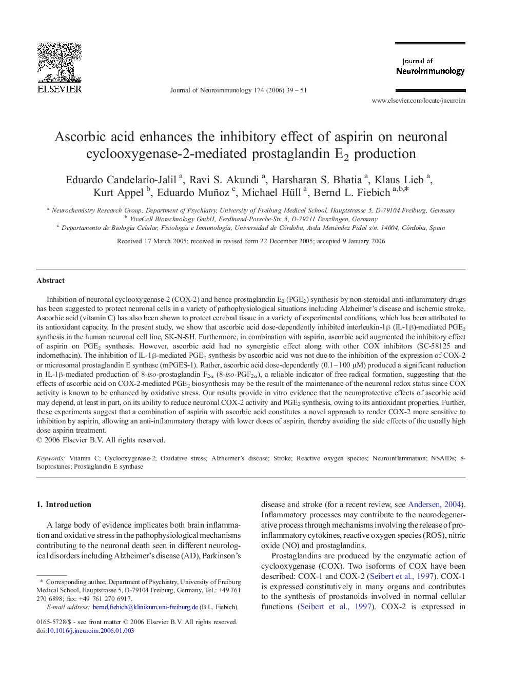 Ascorbic acid enhances the inhibitory effect of aspirin on neuronal cyclooxygenase-2-mediated prostaglandin E2 production