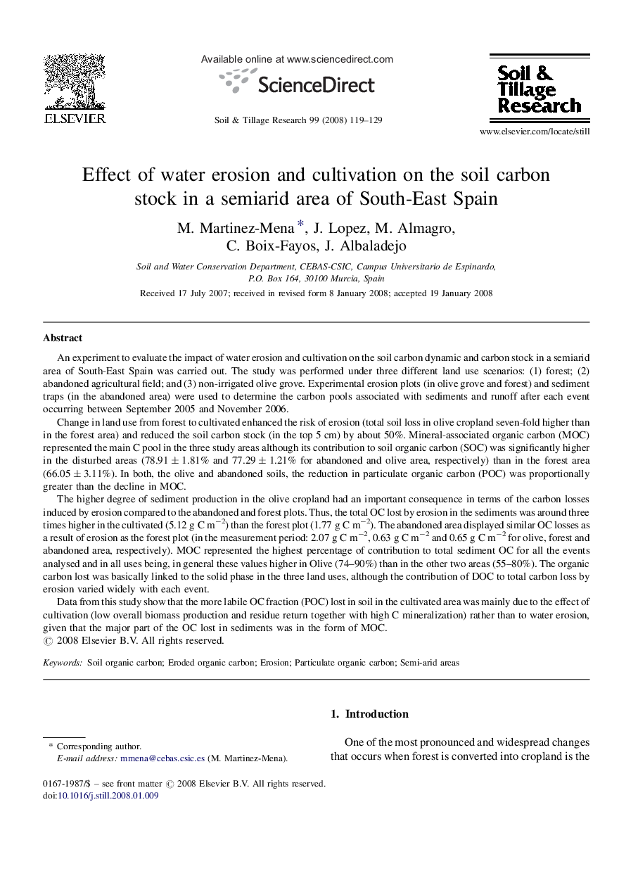 Effect of water erosion and cultivation on the soil carbon stock in a semiarid area of South-East Spain