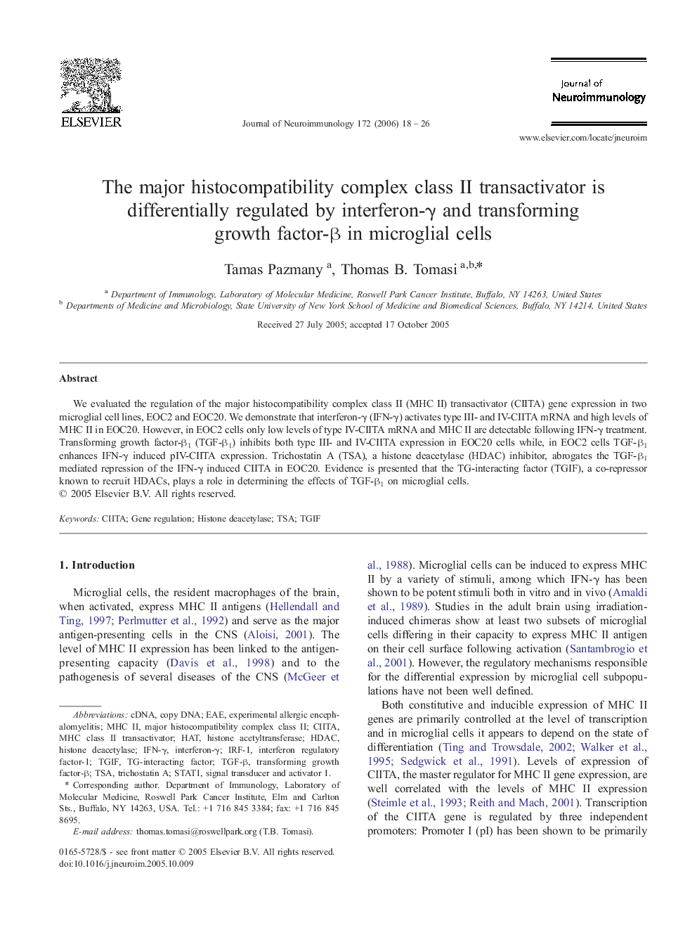 The major histocompatibility complex class II transactivator is differentially regulated by interferon-γ and transforming growth factor-β in microglial cells