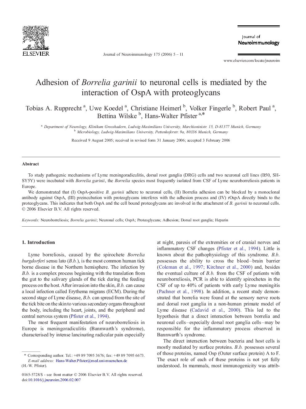 Adhesion of Borrelia garinii to neuronal cells is mediated by the interaction of OspA with proteoglycans