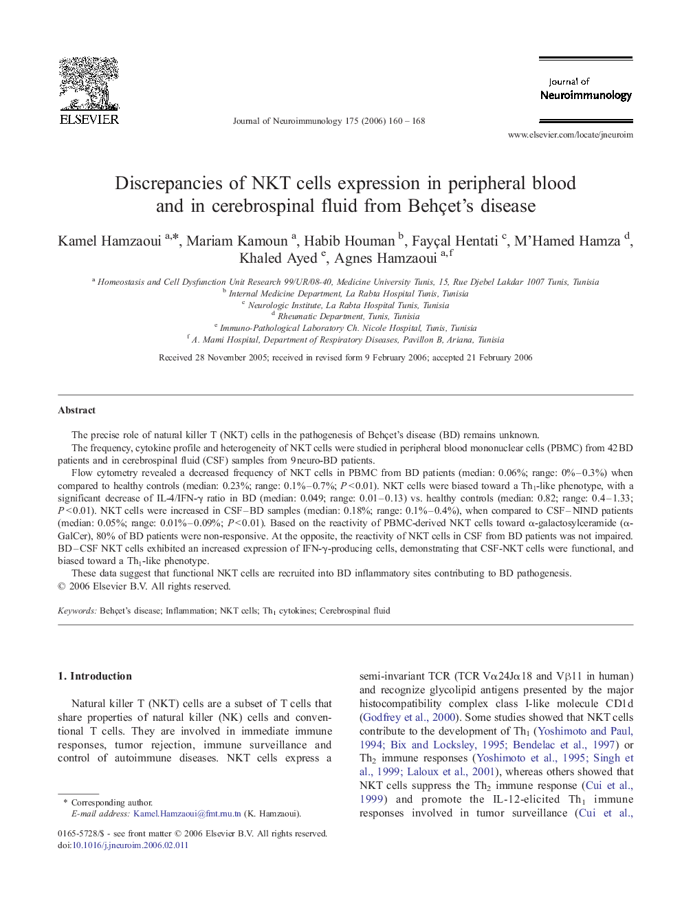 Discrepancies of NKT cells expression in peripheral blood and in cerebrospinal fluid from Behçet's disease