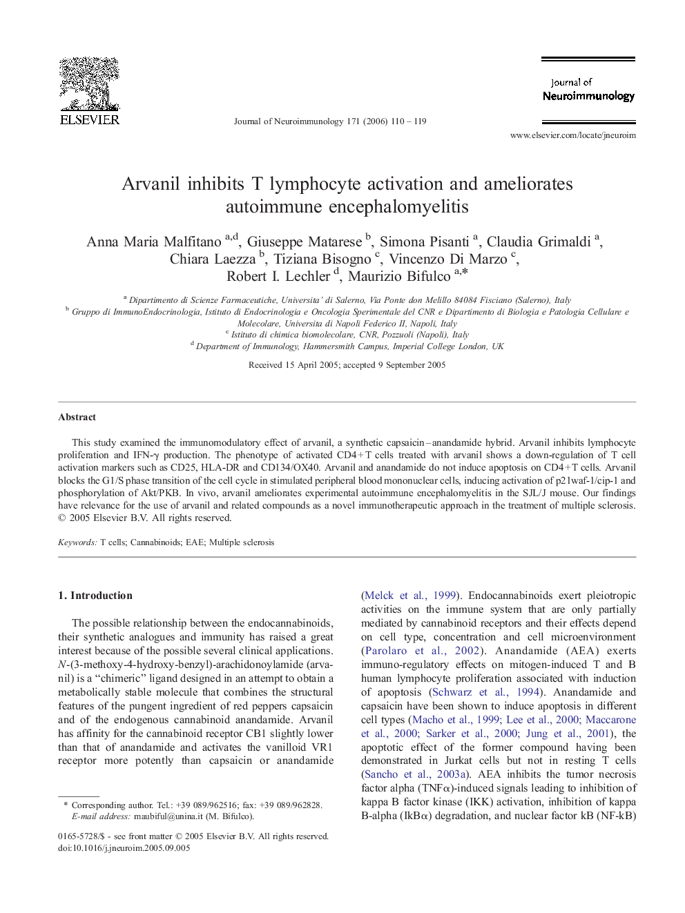 Arvanil inhibits T lymphocyte activation and ameliorates autoimmune encephalomyelitis