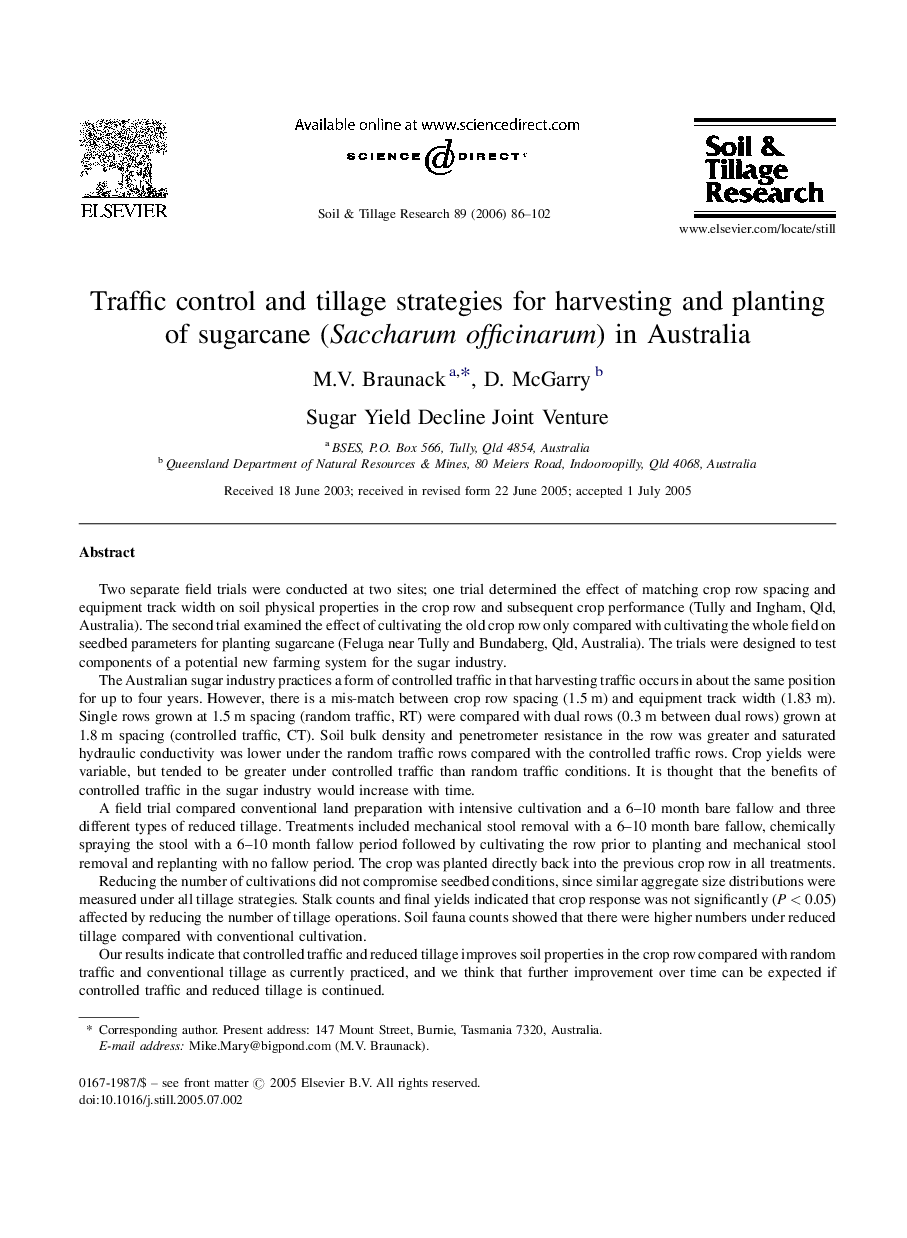 Traffic control and tillage strategies for harvesting and planting of sugarcane (Saccharum officinarum) in Australia