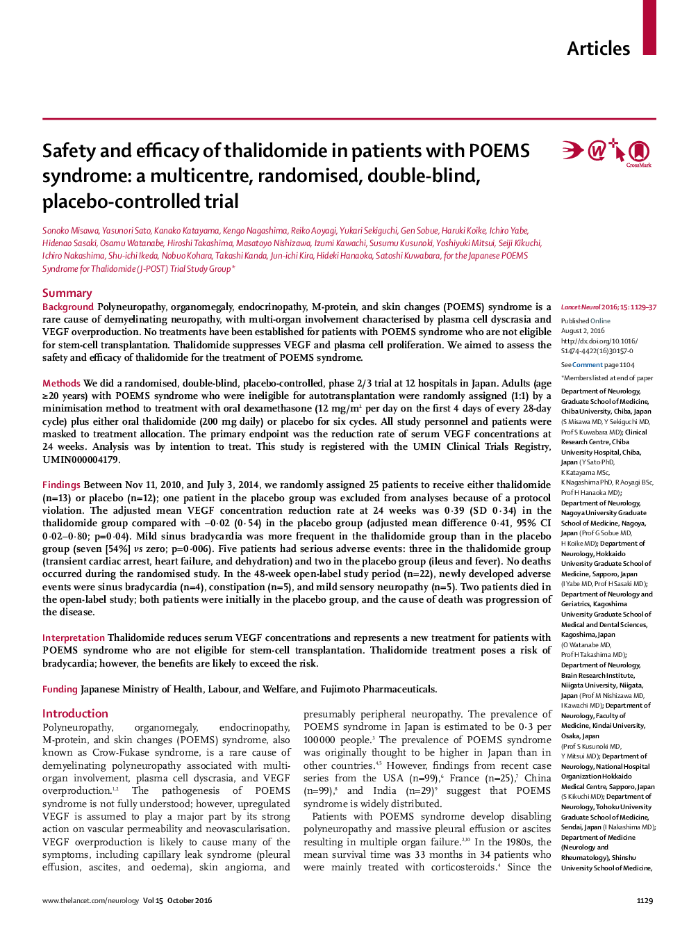 Safety and efficacy of thalidomide in patients with POEMS syndrome: a multicentre, randomised, double-blind, placebo-controlled trial