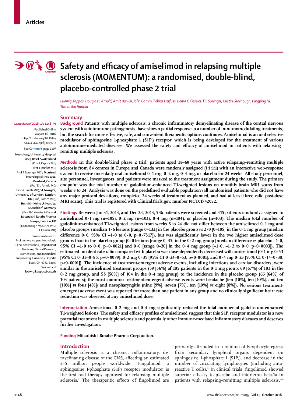 Safety and efficacy of amiselimod in relapsing multiple sclerosis (MOMENTUM): a randomised, double-blind, placebo-controlled phase 2 trial
